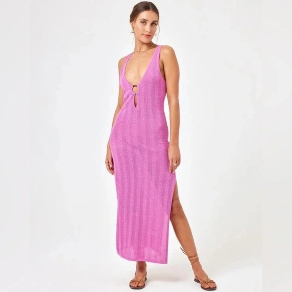 L*Space Pink Knit Maxi Cover Up Dress S/M Sheer Beach Swim Resort Slit Feminine